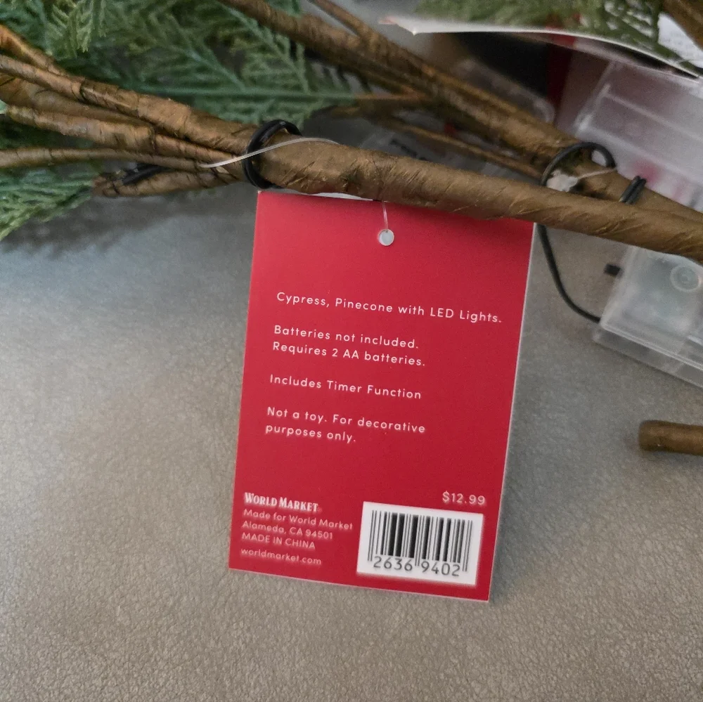 3 World Market Cypress Pinecone Pre Lit LED Battery Stem Set Christmas Winter
